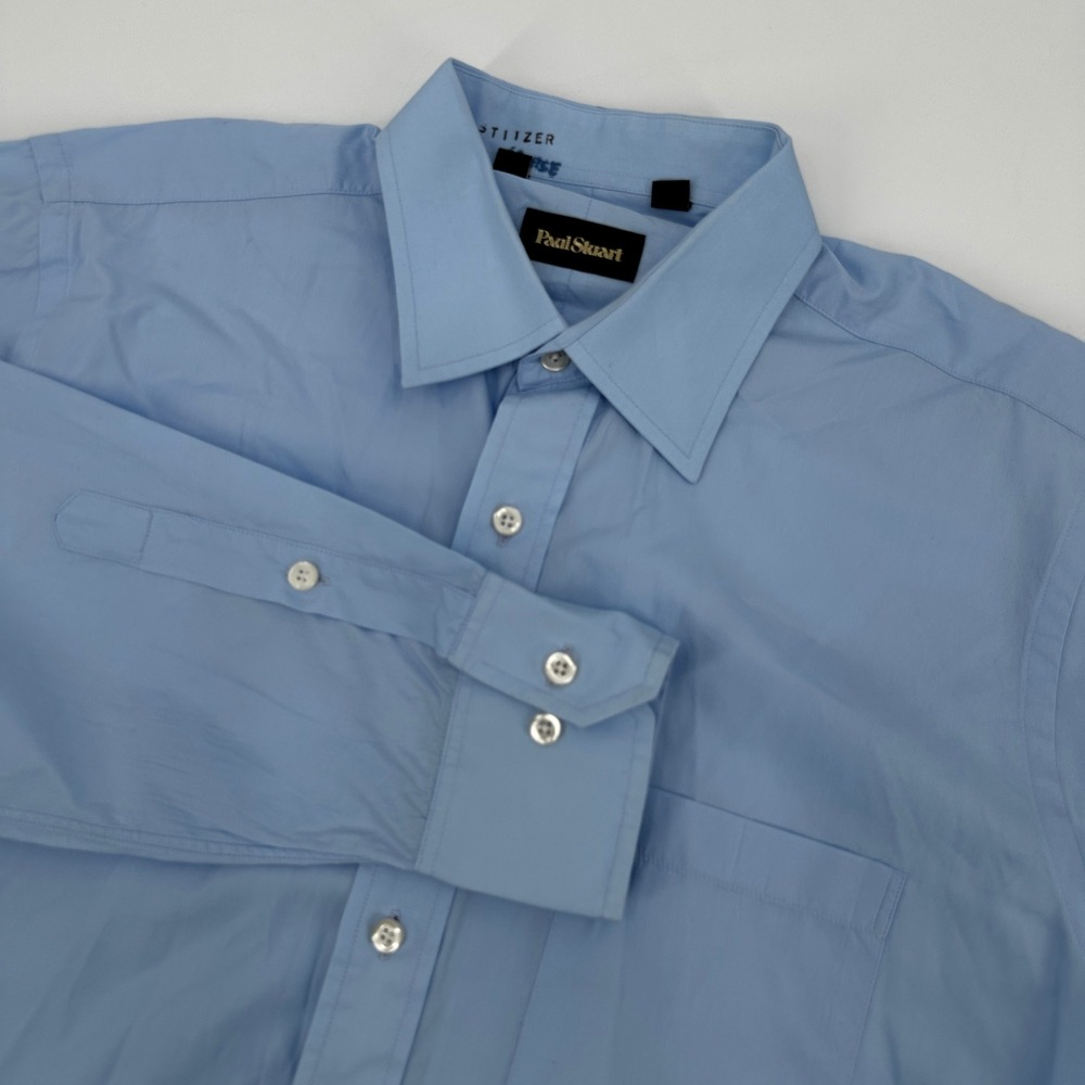 Paul Stuart Mens Dress Shirt 16 34 Light Blue Cotton Made in Canada Solid Point